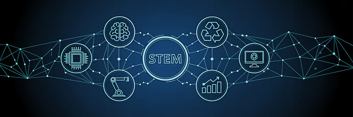 Abstract stem education concept with connected icons on a dark blue digital network background