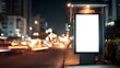 © Md - Bright digital billboard screen with copy space in a blurry urban nighttime street scene illuminated by city lights and traffic