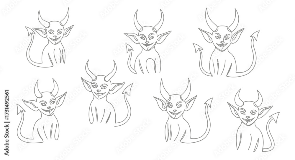 Cute Devils Line Art Whimsical Devilish Characters Vector Illustration ...