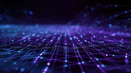 Abstract digital network background with glowing blue and purple lines connecting dots, representing data flow, communication, and global technology.