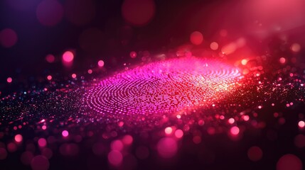 A digital fingerprint design with glowing pink particles.