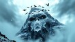 © ImIm - A giant skull-shaped mountain with detailed carvings is surrounded by birds in a cold, overcast environment.