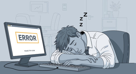 Tired programmer sleeping at his desk with an error message on computer screen shows professional