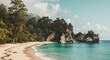 © Ari - Scenic view of a tropical beach with white sand, turquoise water, lush green vegetation, and rocky cliffs under a cloudy sky.