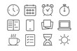 © May - Flexible Schedule Icons. Flexible schedule. Line outline icon set of flexible schedule: clock, calendar, alarm
