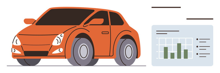 Wall Mural - Orange compact car alongside performance data chart featuring bar graphs and text. Ideal for automotive analysis, business, finance, innovation, research, transportation, simple flat metaphor