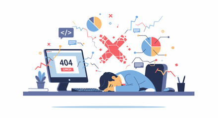 Frustrated programmer facing 404 error with broken chair and data visualization elements