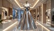 © Bakeke - The elegant silver dress is displayed on a mannequin in a modern boutique, showcasing the luxurious design and reflecting the bright interior lighting, creating a sense of opulence.
