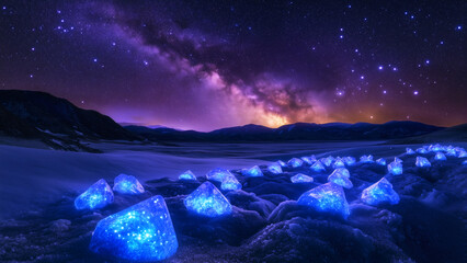 Glowing crystal field under starry night and full moon, magical purple landscape, fantasy nature, sparkling light, dreamy cosmic wonder.