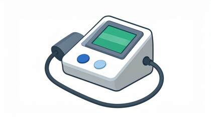 An illustration depicts a medical device used for measuring health indicators, with a bright green display and blue and light blue buttons on its white housing, showcasing its features against a...