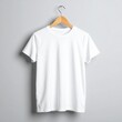 © its.myillusions - Clean white t-shirt template on a simple wooden hanger against a neutral gray studio background. Ideal for clothing brand mockups and custom designs