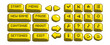 © klyaksun - Yellow pixel game button set with start, menu, pause and navigation controls for interface. Retro 8 bit style icons with arrows and sound, settings and exit options. Digital arcade UI elements.