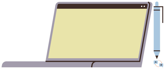 Open laptop alongside a stylus digital pen for design or writing purposes. Ideal for technology, creativity, education, productivity, remote work, digital tools, innovation. Clean simple flat