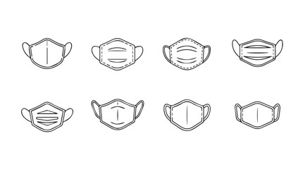Collection of eight different surgical face mask outlines in a simple line art silhouette