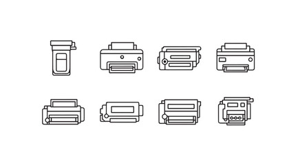 Collection of eight different printer icons in a simple line art silhouette style