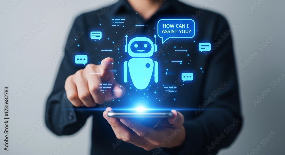 Interactive AI Assistant: User Engaging with Futuristic Chatbot Support