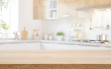 Wall Mural - Wooden table top for food product presentation with blurred light kitchen interior background