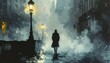 © Benxiumo - A lone figure in a fedora walks down a foggy, gaslit city street at night with an air of mystery