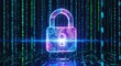 © Benxiumo - Glowing digital padlock with circuit board details sits against a backdrop of falling binary code representing cybersecurity and data protection