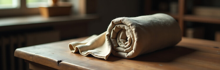 tightly coiled bundle richly textured fabric lies worn wooden table bathed soft diffused studio light surrounding