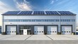 © StocksJust4You - Modern exterior logistics warehouse building with sleek architectural design, with large solar panels, large loading bays, wide entry doors, and spacious parking area