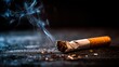 © Vanessa - Crushed cigarette with smoke on dark textured surface, close-up dramatic lighting, symbol of quitting smoking and health awareness.