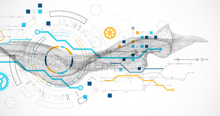 Wall Mural - Abstract data background with wireframe wave and circuit lines. Technology concept. Vector