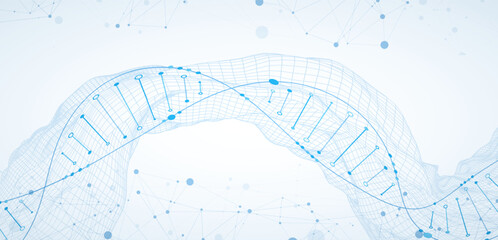 Wall Mural - Abstract image of DNA molecule on wireframe wave. Scientific vector background.