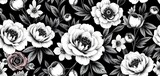 Seamless black & white peony, rose, anemone floral vector pattern Hand-drawn brush strokes, leaves, blooms,  background,  vector pattern
