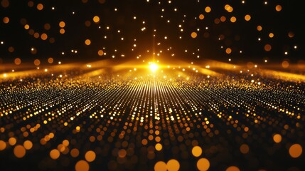 Laser beam diffraction interference pattern creates brilliant golden light waves spreading across dark background with thousands of bright particles
