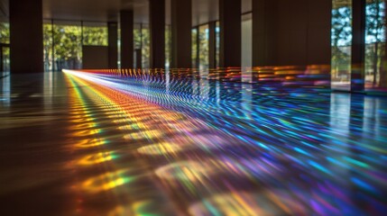 Light diffraction grid creating spectacular rainbow laser interference patterns with brilliant spectral waves flowing through architectural space