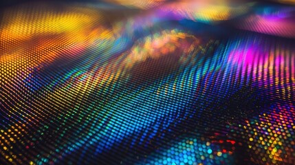 Light interference grid holographic surface with rainbow spectrum diffraction patterns creating vibrant digital wave formations across geometric mesh texture