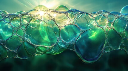 Laser interference patterns creating vibrant diffraction wave patterns through soap bubble foam with emerald green and blue iridescent spectral light effects
