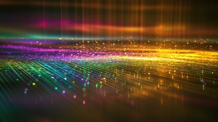 Laser coherence patterns creating spectacular rainbow diffraction effects with prismatic light interference displaying vibrant colors and optical wave phenomena