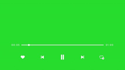60 seconds minimal music player UI animation on a green screen with sleek white controls. 4k animation video