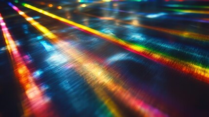 Light diffraction grid creating stunning rainbow spectrum interference patterns with brilliant wavelength separation across reflective dark surface
