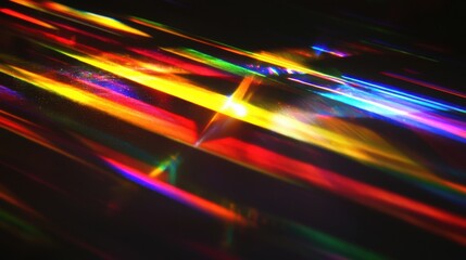 Spectral diffraction lines laser interference patterns creating vibrant rainbow light streaks with prismatic dispersion across dark background surface