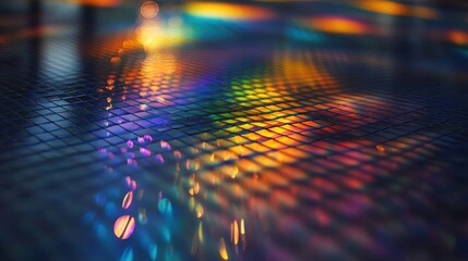 Optical diffraction grid laser interference patterns creating vibrant rainbow spectrum waves across geometric surface with brilliant color separation effects