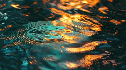 Optical wave diffraction laser interference patterns creating vibrant turquoise and orange light waves with complex rippling effects on fluid surface medium