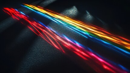 Wall Mural - Diffraction spectral lines laser interference patterns creating vibrant rainbow light beams across textured dark surface with prismatic optical physics display