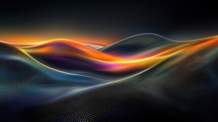 Light diffraction grid creates mesmerizing laser interference patterns with flowing spectral waves across dynamic digital landscape background