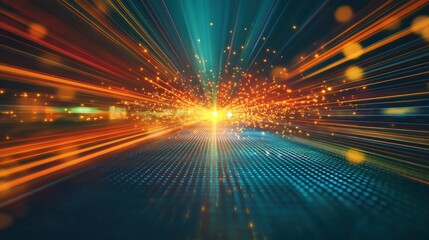 Light pattern diffraction laser interference creating explosive burst with radiating beams and spectral color separation across digital grid surface