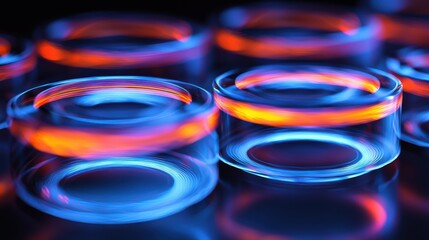 Laser interference diffraction pattern rings with colorful spectrum light optical physics phenomenon in vibrant blue orange gradients on dark background