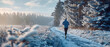 © eben - Solitary runner traverses a snowy trail through a serene frosted winter forest