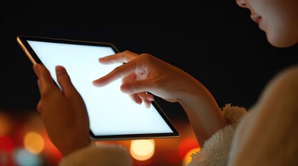 Elegant Woman Using Modern Digital Tablet with Glowing Screen at Night. Ai Generated Images