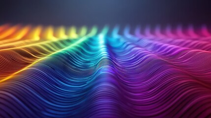 Laser interference patterns create vibrant diffraction wave patterns with spectral rainbow colors flowing in dynamic curved formations across dark background