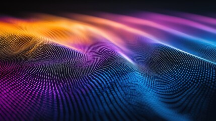 Optical diffraction grid laser interference patterns creating vibrant rainbow spectrum waves with flowing purple orange blue light beams on dark background
