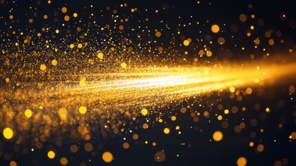 Laser beam diffraction creates brilliant golden light stream with thousands of dispersed particles forming stunning interference patterns across dark background
