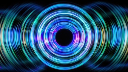 Wall Mural - Laser interference ring patterns creating vibrant concentric circles with brilliant blue purple green light waves on black background for modern design