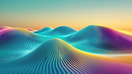 Laser diffraction patterns creating flowing wave mountains with vibrant turquoise magenta yellow gradient interference lines abstract optical physics digital art